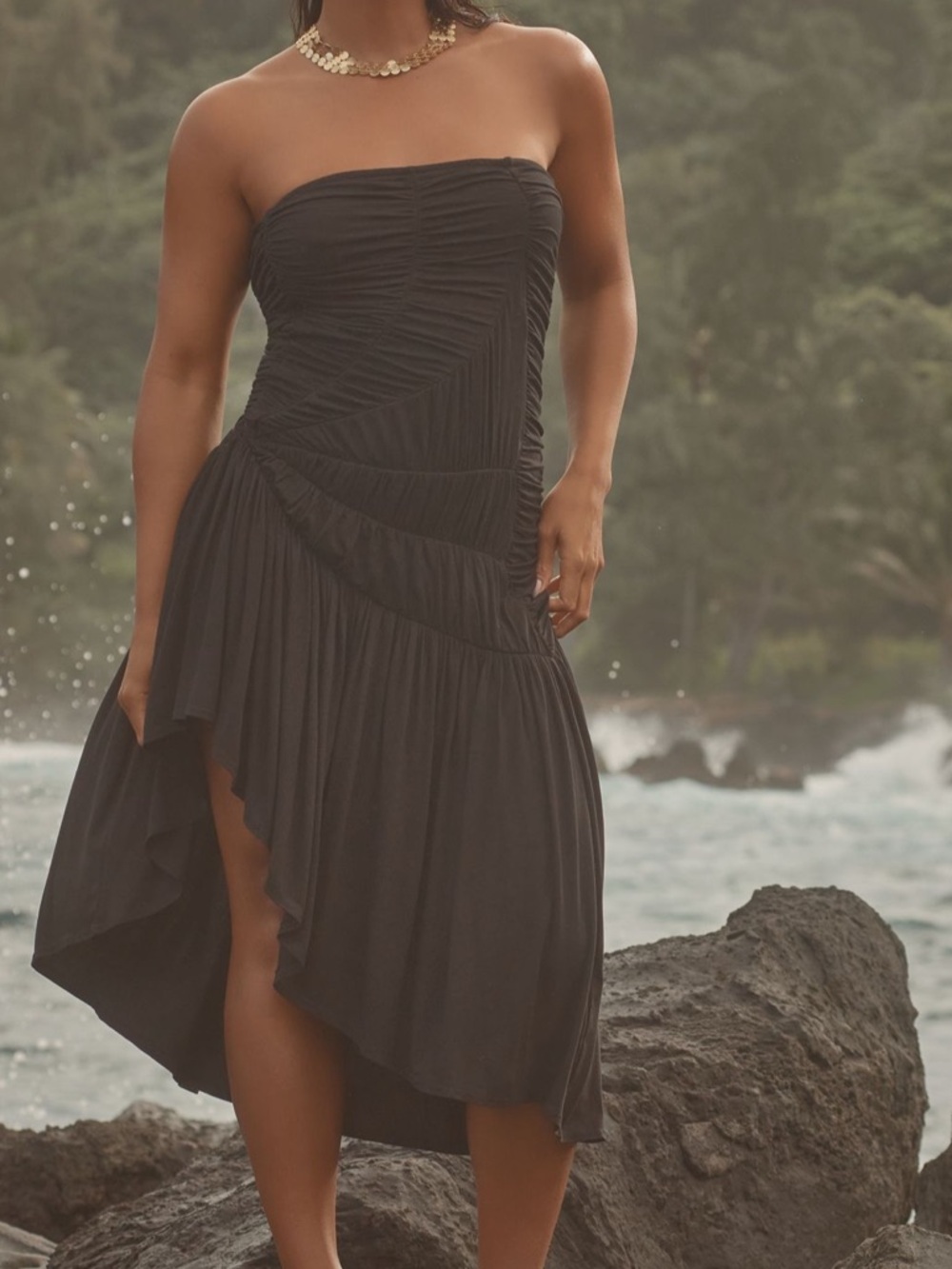 Anthropologie Celandine Strapless Black Ruched Asymmetric Hem Dress NWT M